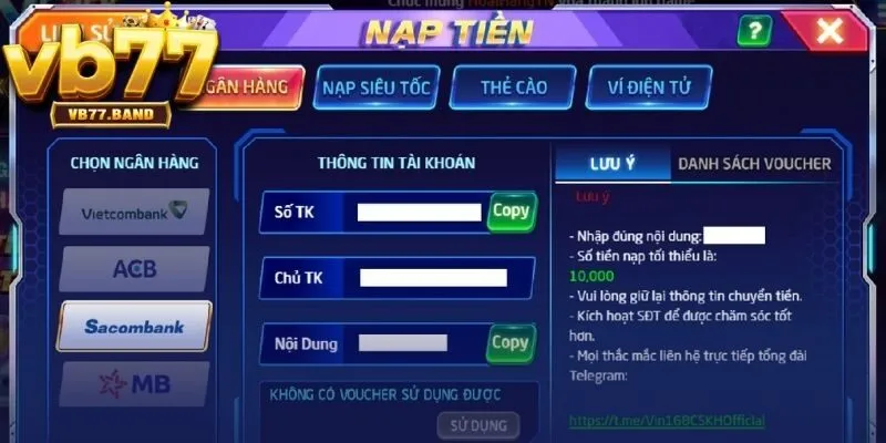 VB77 36 Hướng dẫn nạp tiền vào tài khoản